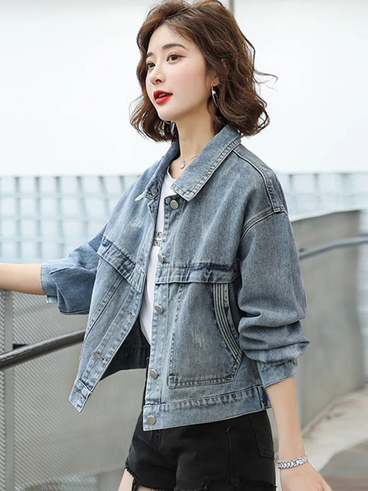 Short Denim Jacket Baseball Style Versatile Fashionable Korean Version Spring Autumn Wear for Small Figures Button Detail Emb...