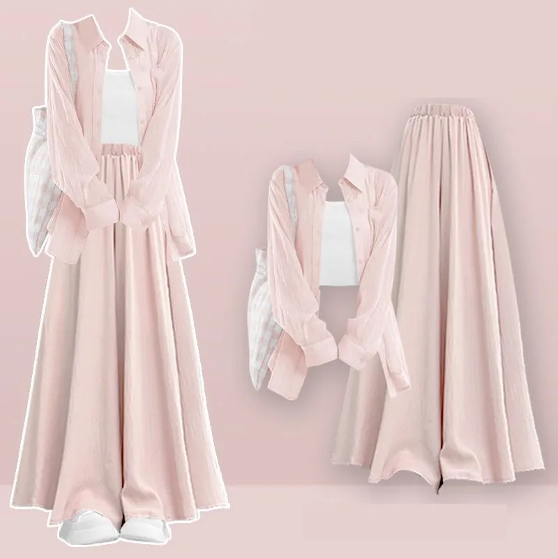 2026 Women Summer New Fashion Sunscreen Shirt+Strap+Casual Skirt Pants 3-Piece Suit Korean Elegant Loose Tracksuit Matching Set