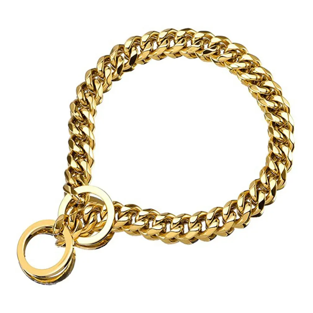 45cm Dog Gold Collar Fully Welded 18K Gold Heavy Duty Choke Cuban Dog Chain Strong Stainless Steel Chain Training Collar