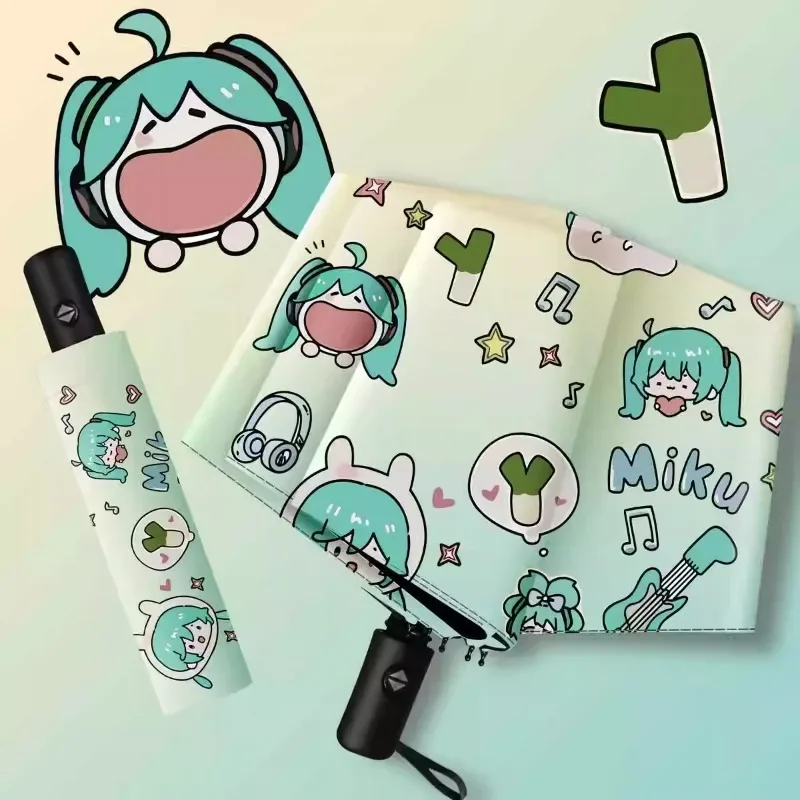 Hatsune Miku Cartoon Anime Rain and Rain Dual Purpose Reinforced 8-Bone Automatic Triple Fold Impact Cloth Cute Sun Umbrella