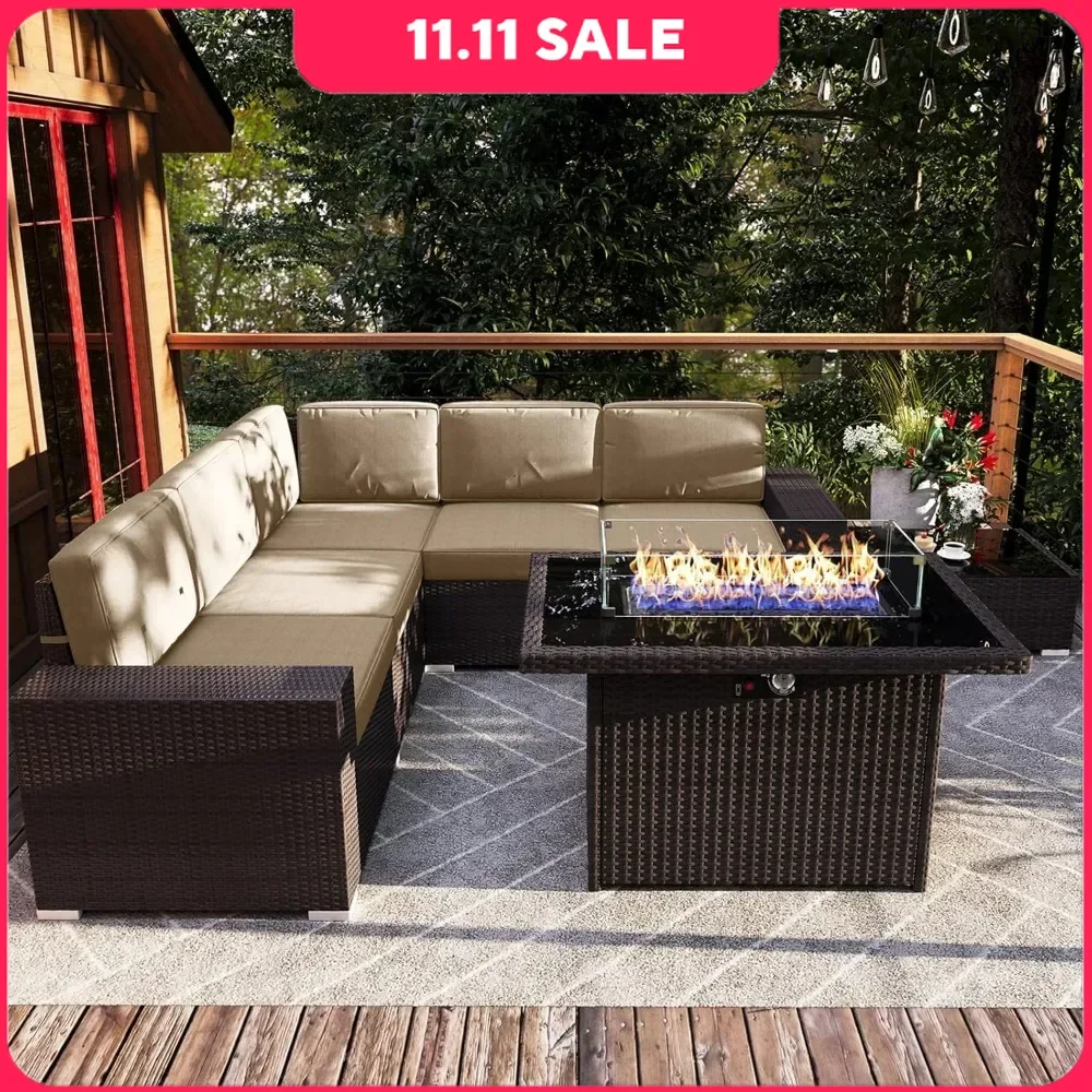 Fire Pit Table, Outdoor Sectional Brown Rattan Wicker Conversation Sofa Sets with Coffee Tables, 44