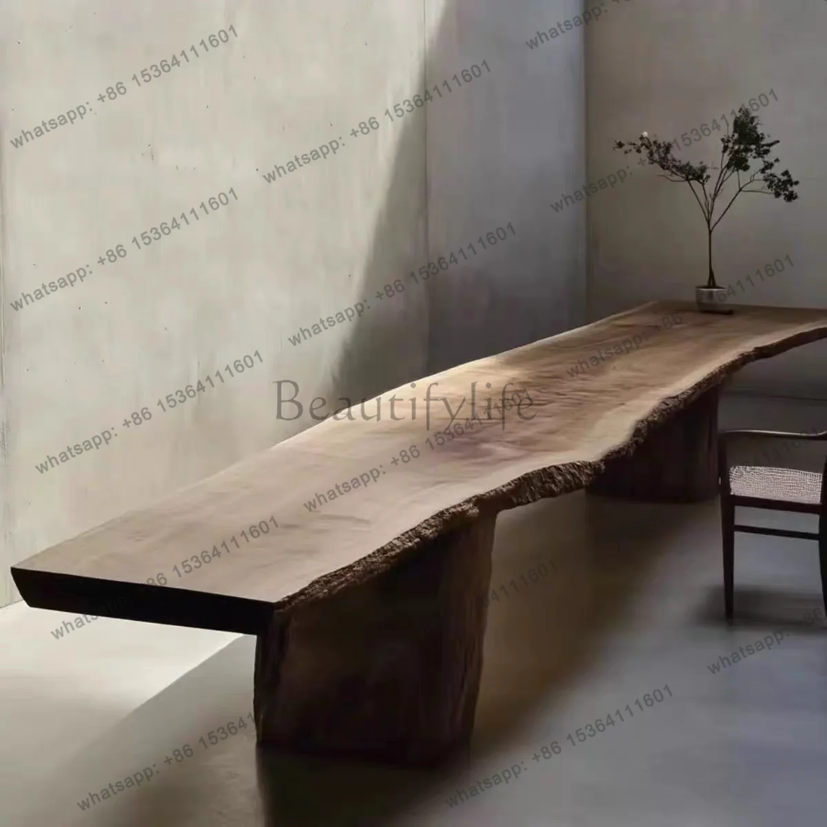 Solid wood large board wabi-sabi style dining table whole board computer conference long negotiation table
