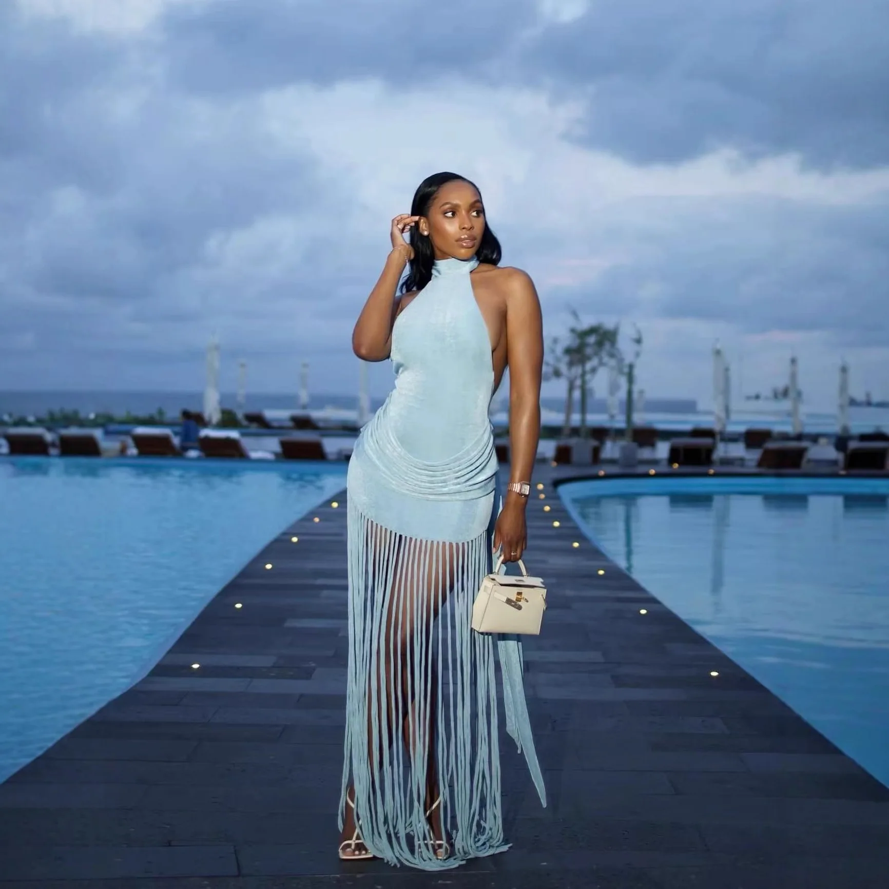 

2026 New Neck Halter Fringed Sexy Hip-wrapped Dress