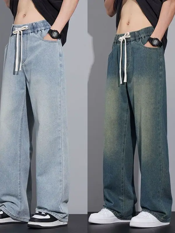 

Американские ретро-джинсы с эластичным поясом на шнурке, мужские, осенние, новые, свободные, прямого кроя, повседневные, универсальные, длинные брюки