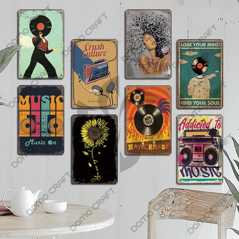 Retro Music Poster Metal Tin Signs Music CD Radio Guitar Singer Vintage Metal Plate Wall Decor Music Party Bar Club Living Room