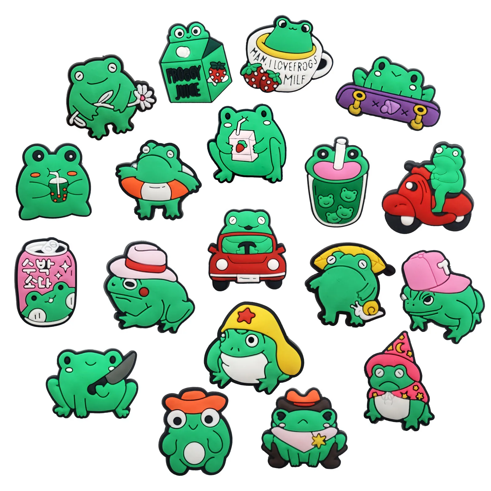 19Pcs Funny Frog Series Shoe Charms For DIY Charms Shoe Decorations Accessories Shoe Pins Bubble Slides Sandals Great Gift