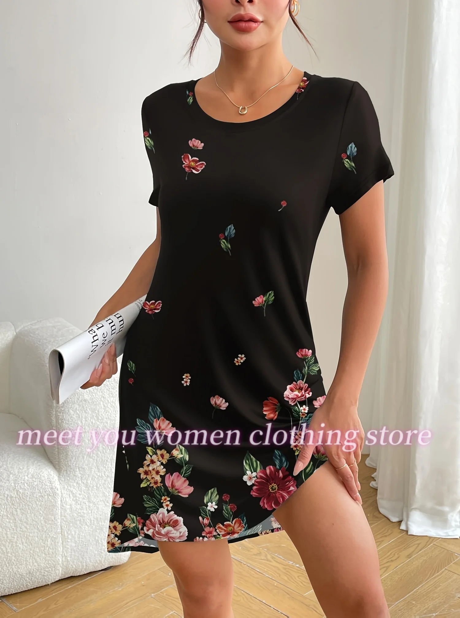 فستان نسائي صيفي جديد بيجامة فضفاضة سوداء غير رسمية مطبوعة برقبة دائرية للسيدات بأكمام قصيرة فساتين بلوفر ملابس نسائية