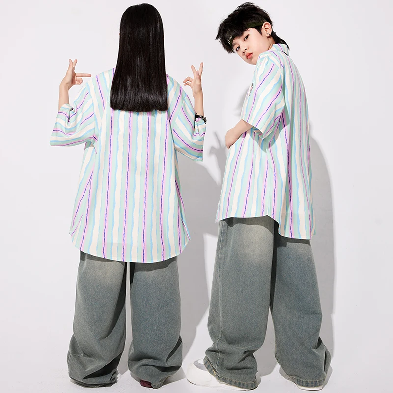 Boys Hip Hop Outfits Stripe Shirt Cargo Pants Girls Street Dance K-pop Pants Children Streetwear Clothes Sets Kids Jazz Costumes