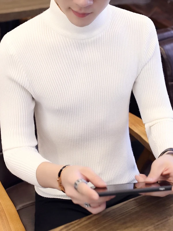 

Мужской чистый белый вязаный длинный свитер Све с высоким воротником, теплый базовый слой, повседневная футболка стандартного кроя из полиэфирного волокна