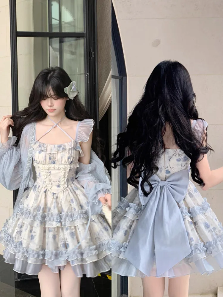 

French Sweet Matching Sets Flare Sleeve Shirts+bow Ruffles Floral Tanks Dresses Summer Female Slim Design Women's Clothing 2025