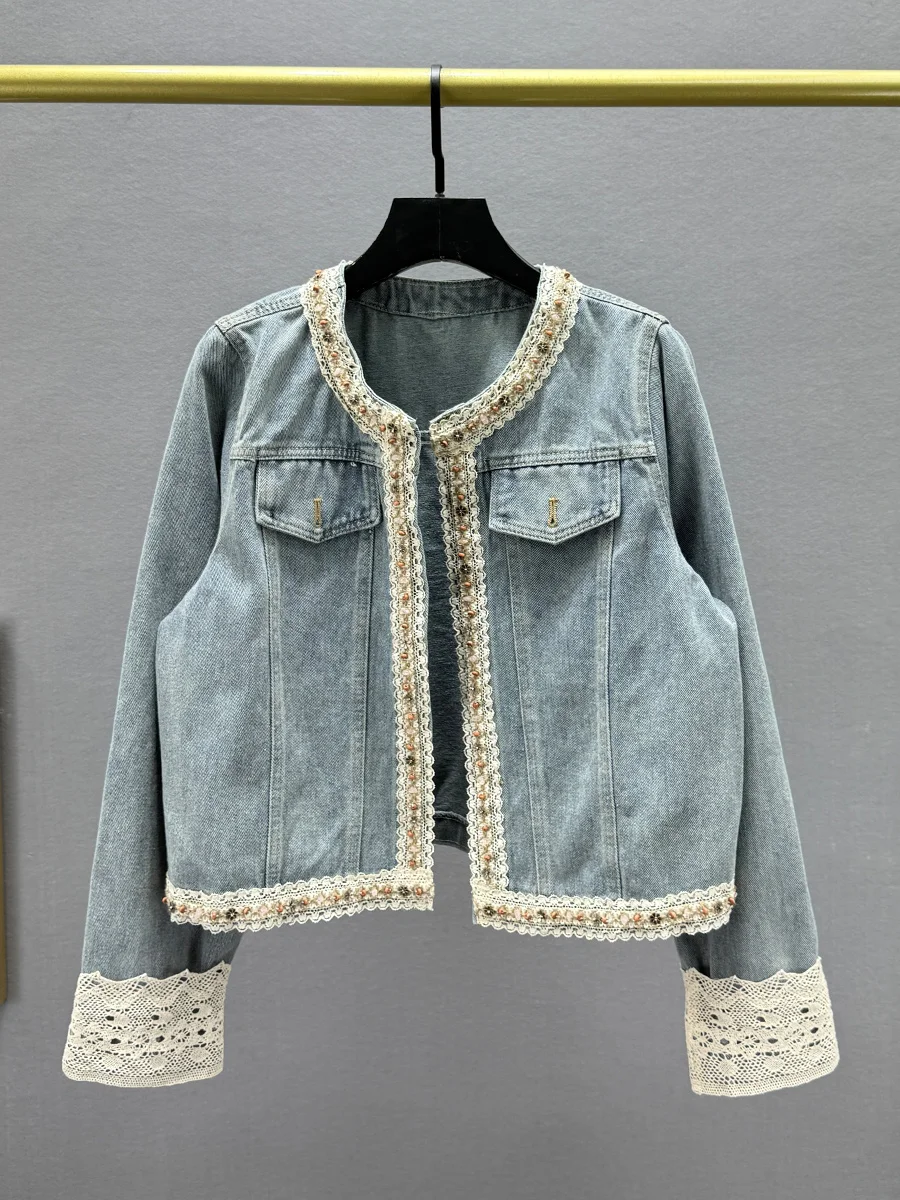 

Retro Faded Embroidered Denim Cardigan Women's Slim Fit Long Sleeve Short Coat Spring 2025 Style Commute Straight Cotton Blend