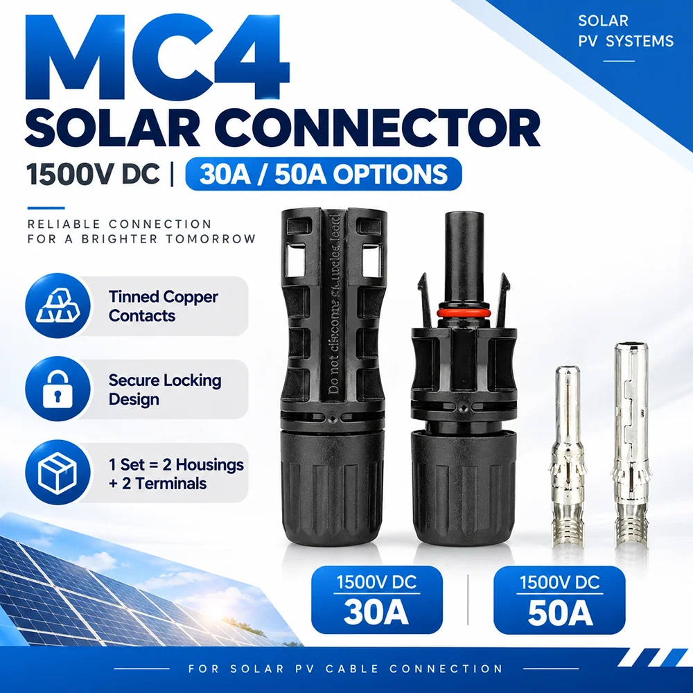 MC4 Type Solar PV Connector 1500V DC 30A 50A Male Female Pair Tinned Copper Contacts 1/5/10 Sets