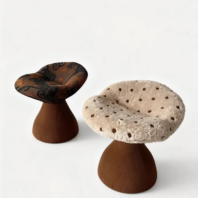 Designer Fluffy Lambswool Vanity Stool Cute Mushroom Shoe Changing Chair for Bedroom Round Makeup Seat Simple Home Furniture view 4