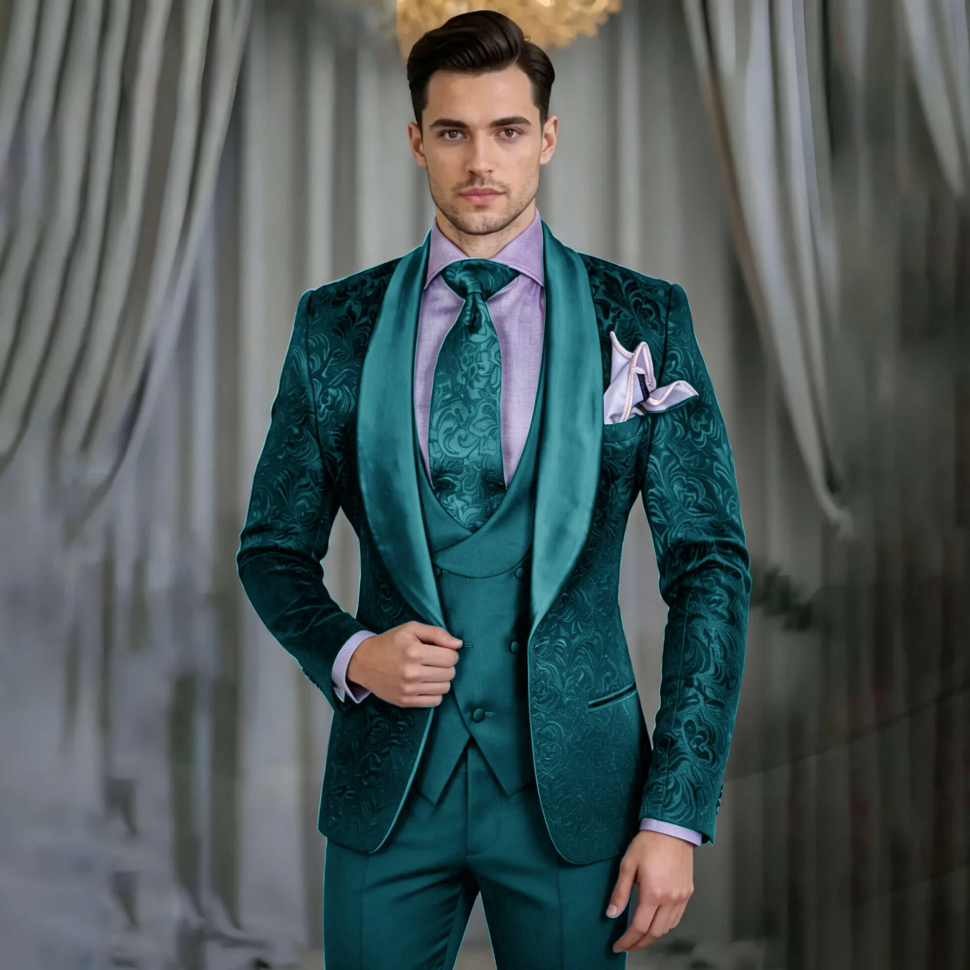 

Мужские костюмы 2026: Наборы для торжественных мероприятий, цвета нефритовый зеленый, жаккардовый блейзер, жилет, брюки. Свадебные наряды для женихов, индивидуальный пошив, модные приталенные костюмы.