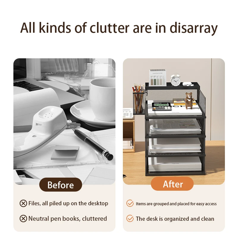 4-Tier Stackable Letter Tray Office Desk Paper Organizer File Trays, Desktop Holder for Paper Letter Accessories with Pen Holder