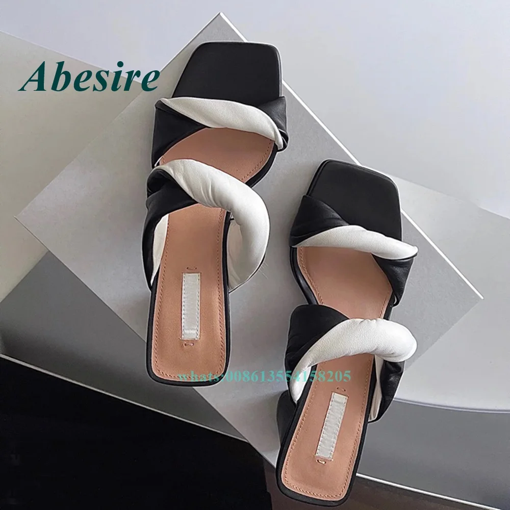 

Black and White Slippers 2022 Newborn Square Toe Chunky Heel Slippers Leather Slingback Mixed Color Elegant Women Shoes Summer