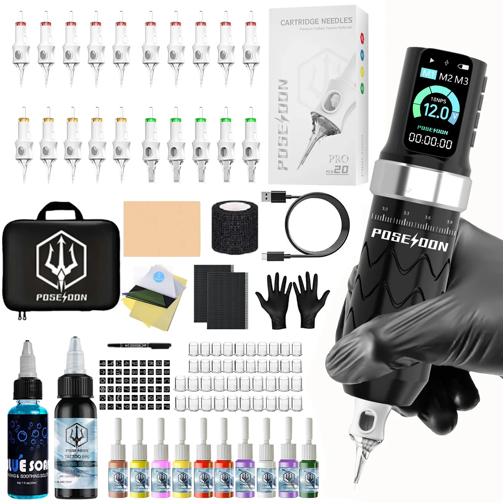 POSEIDON Tattoo Kit V6 20Pcs Tattoo Needles Tattoo Machine Kit Technolog Adjustable Wireless Tattoo Power Supply Tattoo Gun Kit