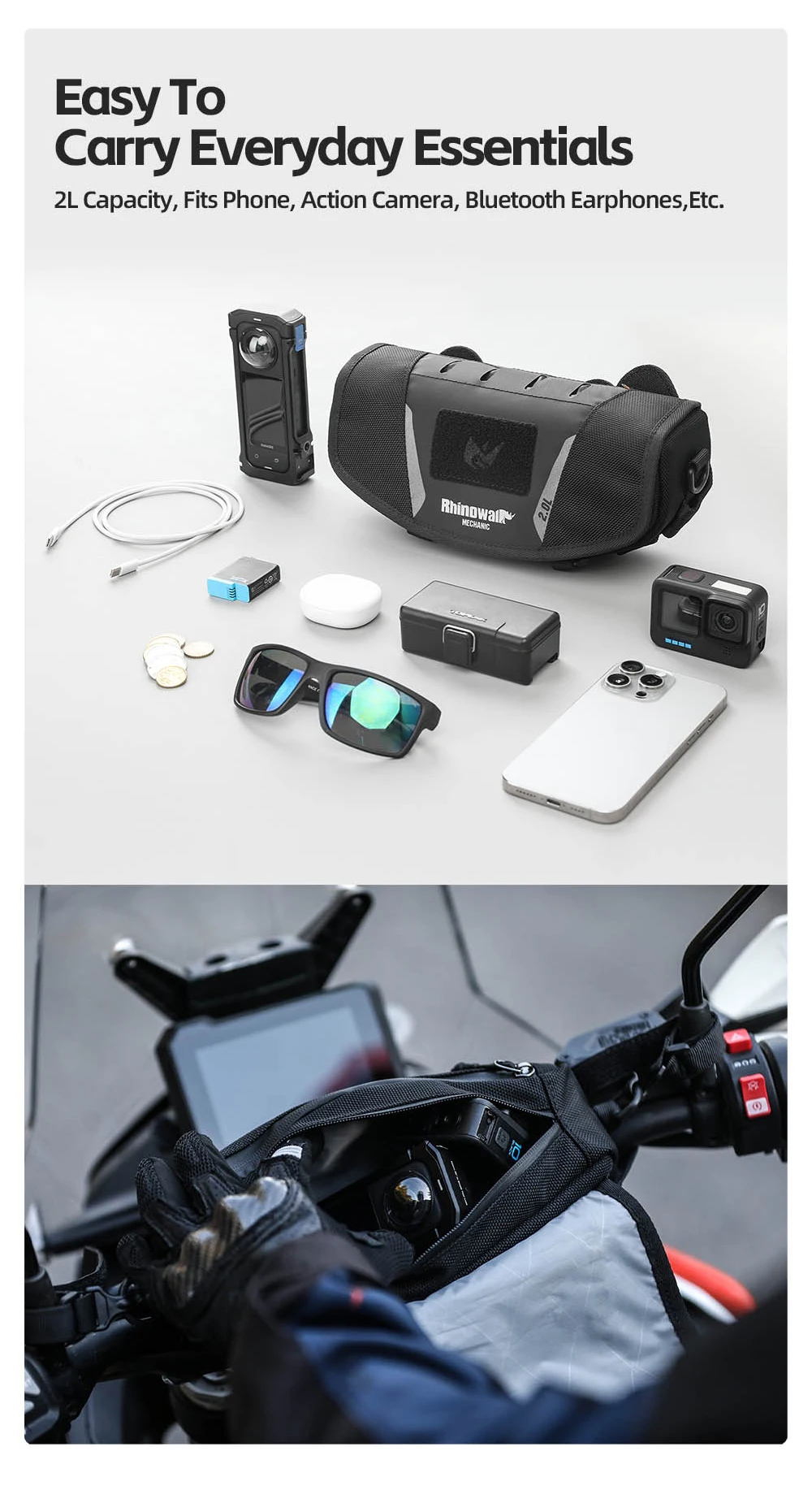 Rhinowalk Motorrad-Lenkertasche, stabile Aufbewahrungstasche, Reise-Umhängetasche mit Molle-System und Regenschutz für ADV-Zubehör – Detail 8