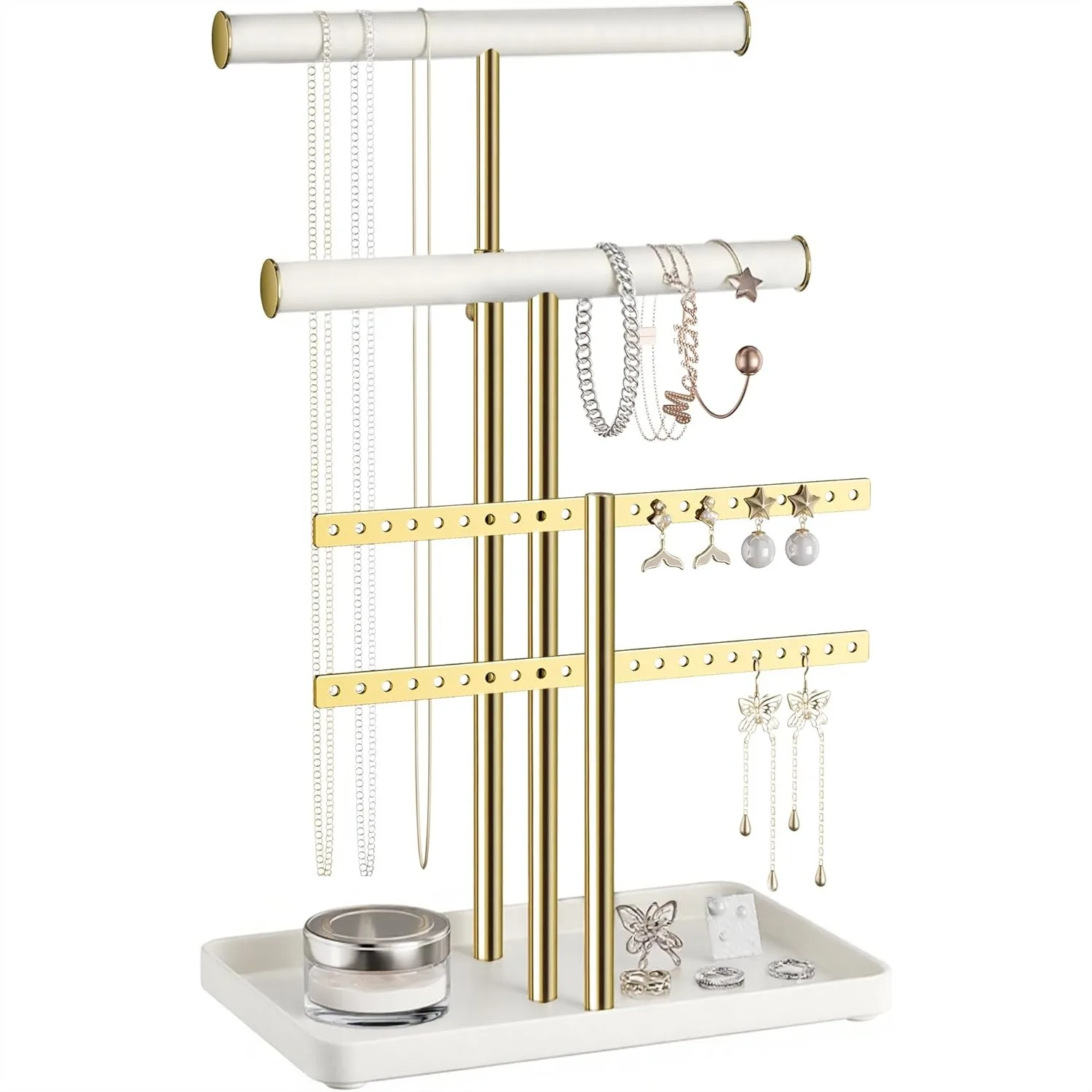 

Органайзер для украшений с бархатной отделкой, регулируемая металлическая подставка для браслетов, ожерелий, серег и колец в белом и золотом цветах.