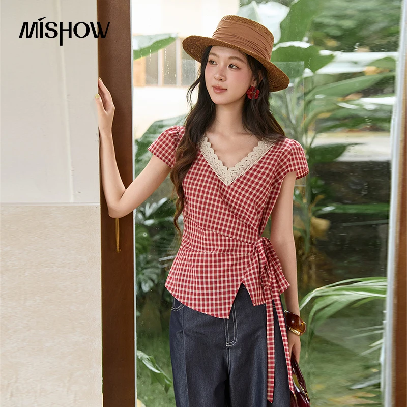 

MISHOW Women's Gingham Plaid Wrap Blouse 2026 Summer Lace V Neck Side Tie Waist Blouses Slim Short Sleeve Retro Top MXF20X2737