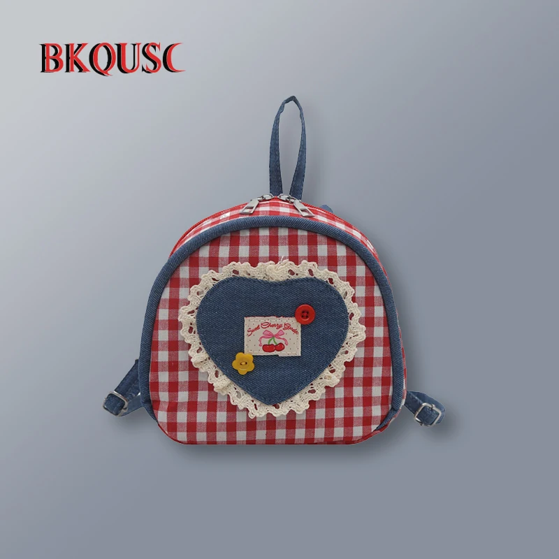 BKQUSC new causual cute love lace patch button mini backpack bags dark blue denim red plaid small backpacks for women girls