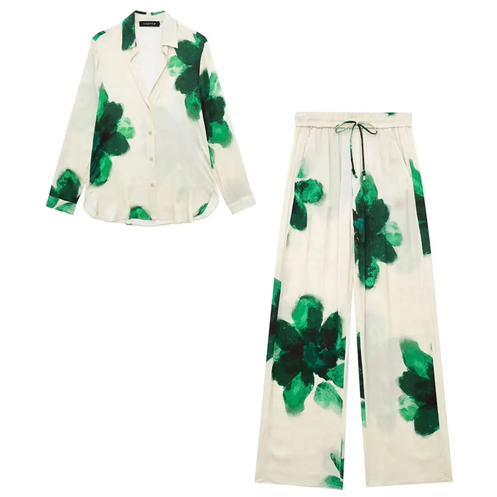 HH Frauen Fashion Floral Print Bluse Hose Sets Langarm Revers Hemd Kordelzug Breite Bein Hosen Weibliche Streetwear Anzug – Detail 3