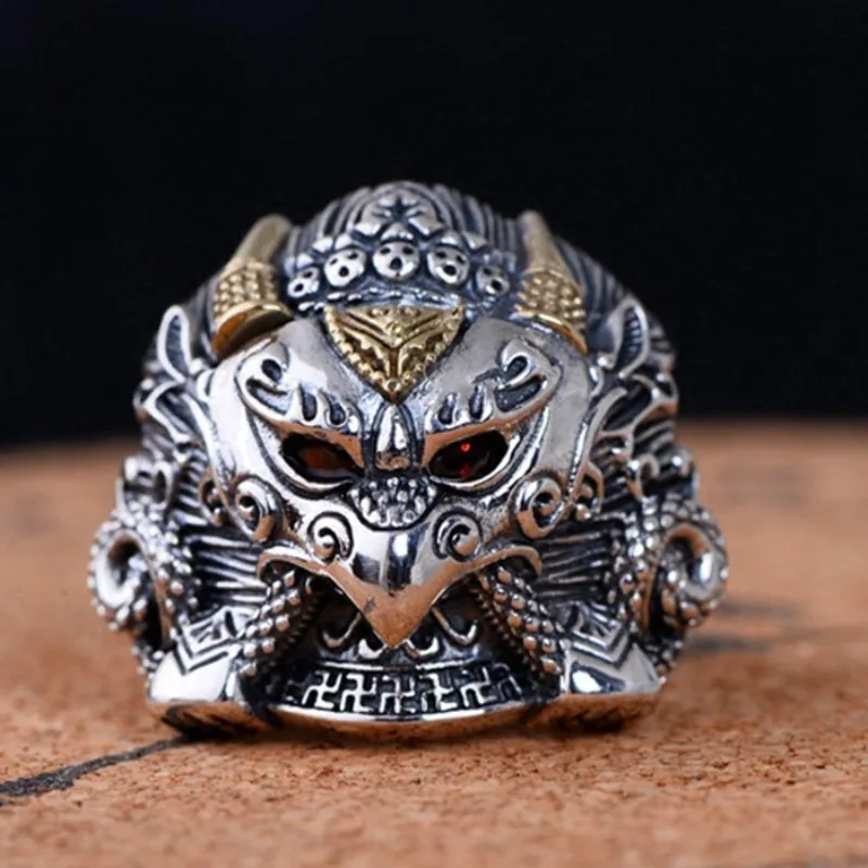 silver 925 retro men's eagle head golden wings Da Peng domineering inlay diamond fashion mens rings charms banquet jewelry