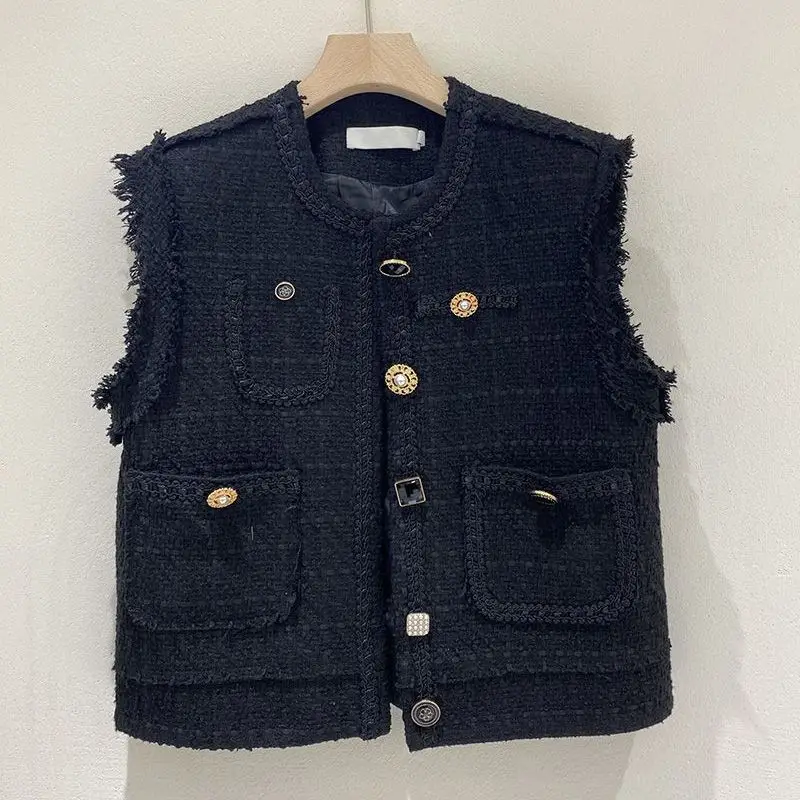 Autumn New Fashion Temperament Versatile Short Style Fragrant Wool Vest Jacket Women Black Waistcoat