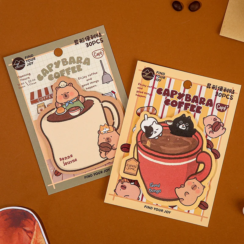 30 Buah/Set Catatan Tempel Kopi Kapibara Kartun Lucu Kartun Siswa Jurnal Meninggalkan Pesan Bantalan Memo Catatan Tempel untuk Siswa