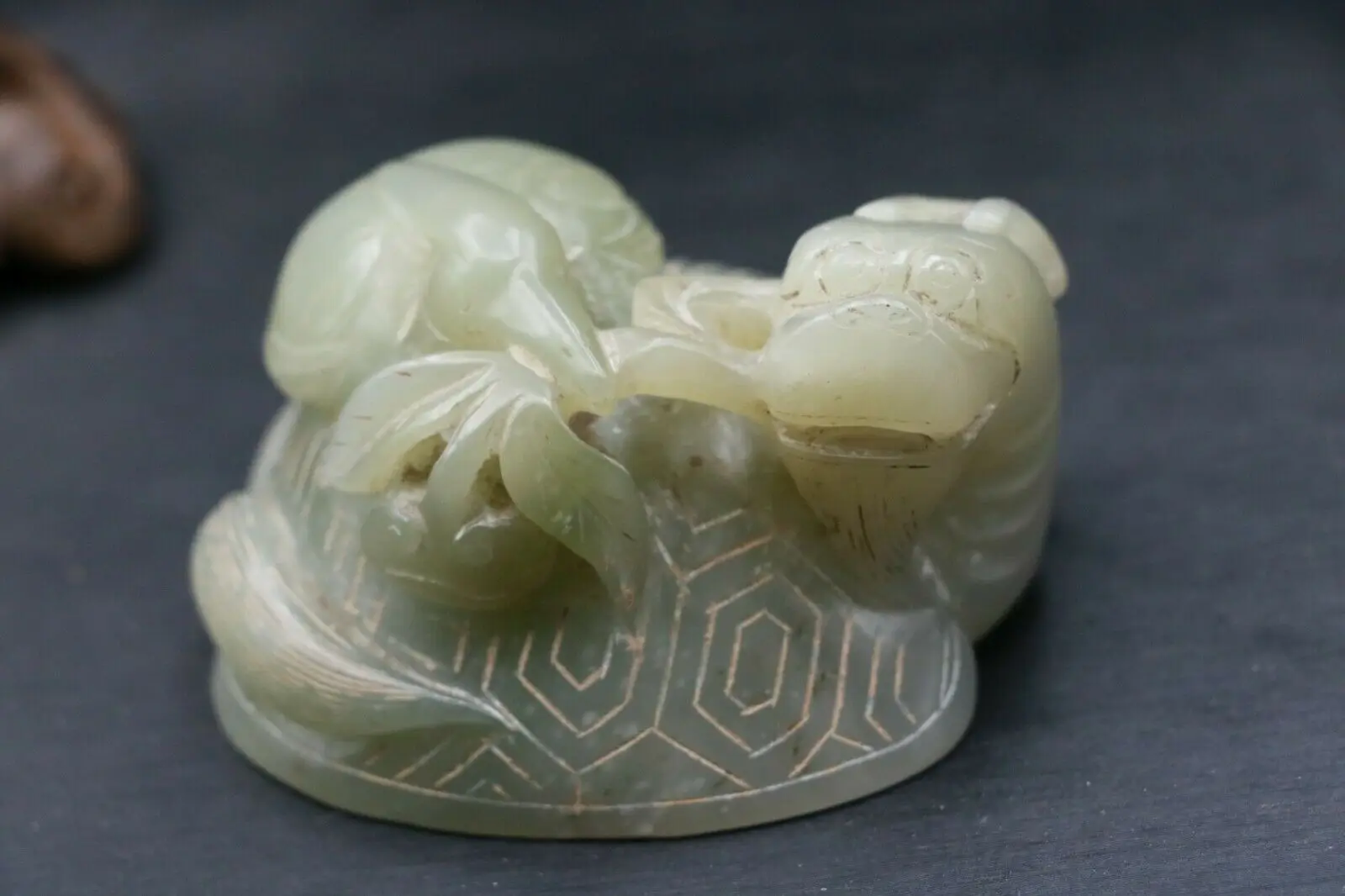 Chinese Vintage Hetian Jade Dragon turtles w Ruyi Bird Totem Carving Amulet Timestown 20201128A