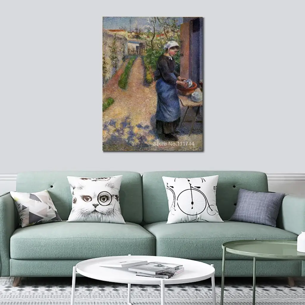 Famous Camille Pissarro Paintings Young Woman Washing Plates Canvas Art Reproduction High Quality Hand Painted