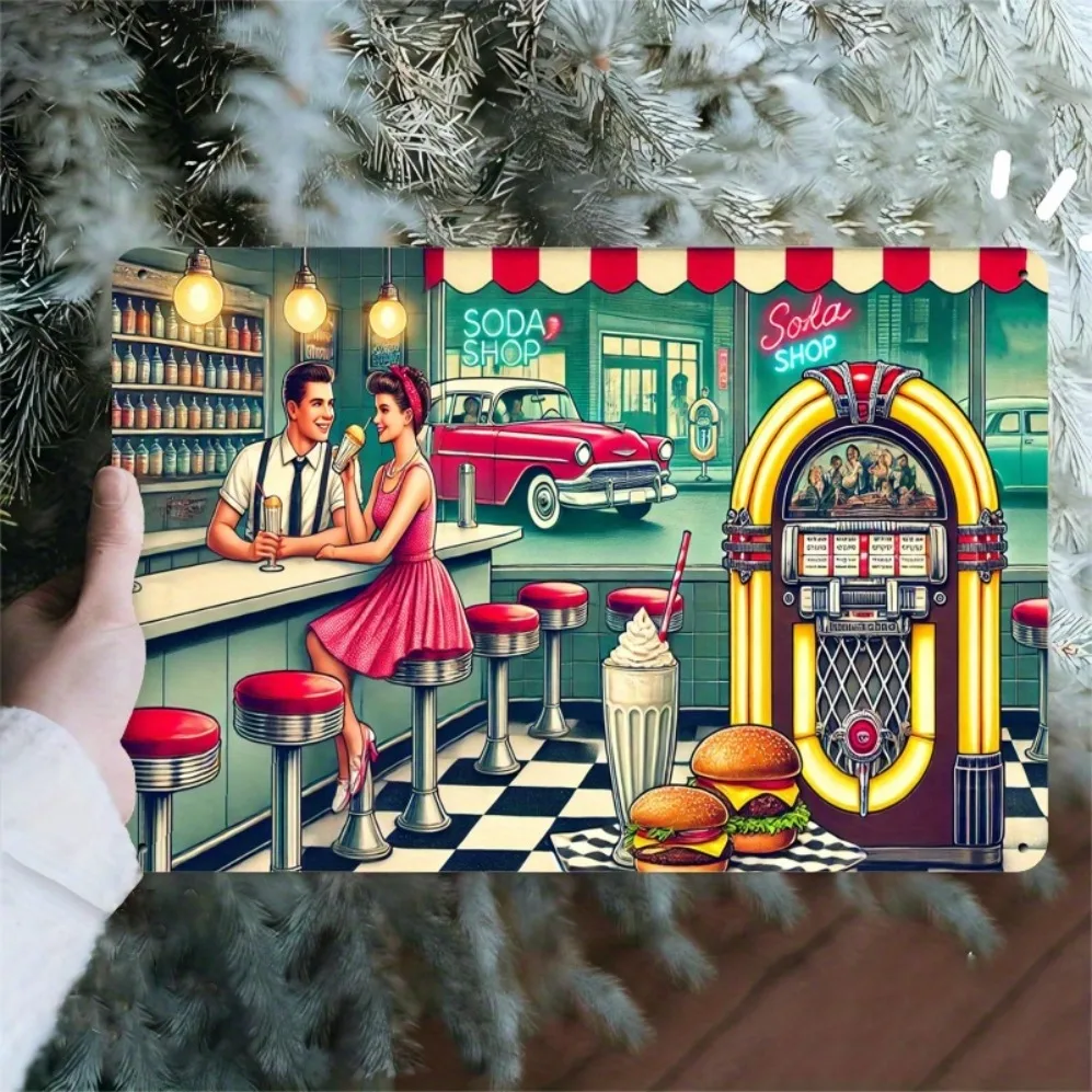 Peinture décorative de scène de couple de magasin de Milkshake vintage : design doux nostalgique – Cadeau idéal pour café, magasin de desserts, restaurant,
