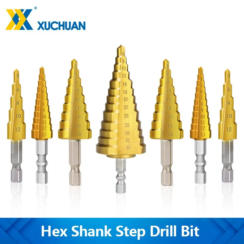 Hex Shank Step Drill Bit 3-12/4-12/20/32mm Titanium Coated Stepped Cone Drill Bit Set for Wood Metalworking Drilling Tool