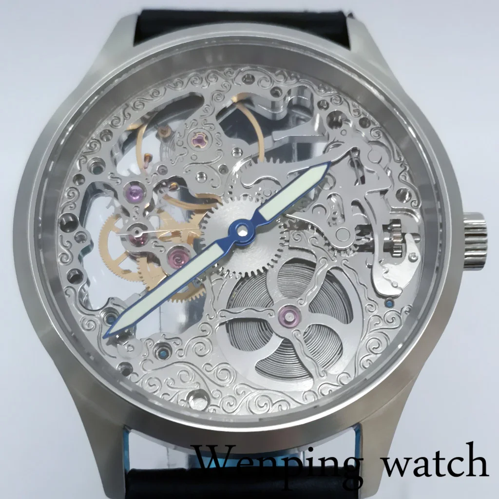 Mens Top Watch 43mm Sapphire Glass Brushed Case 17 Jewels Full Skeleton Movement Leather Strap  Mens Retro Watches