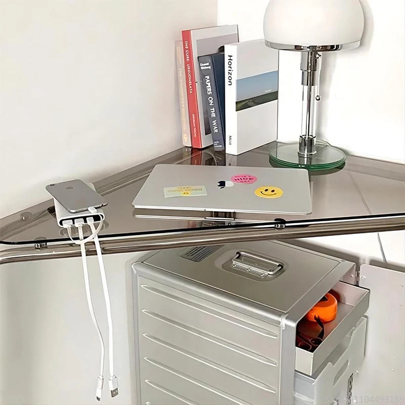 South Korea Ins Wind Triangle Corner Desk Stainless Steel Small Apartment Computer Desk Practical Corner Glass Table HQ53