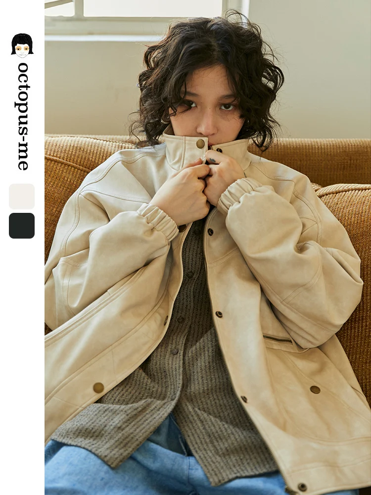 

Octopusme Women's Leather Jaet Spring Sle American Retro Motorcycle Design Sense Leather Coat Top Young Fem Loose Fit