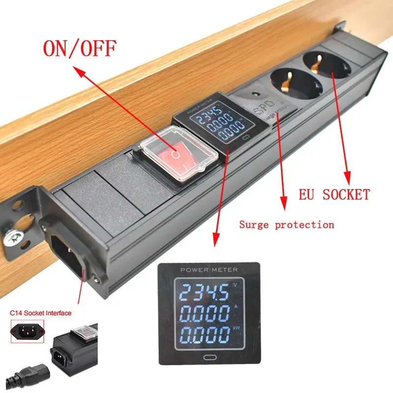 EU desktop socket PDU power strip network cabinet rack with ammeter and surge protection C14 charging port No extension cable