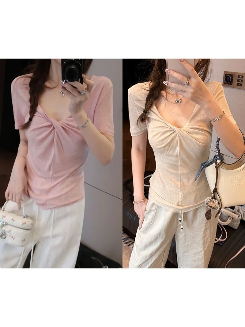 

Mimius Women's Slim Fit Wool Lyocell Short Sleeve T-Shirt Casual Style Summer New Arrival Breathable Comfortable V-Neck Top