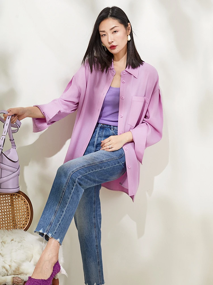 

Women's Ultrine Wool irt Wide Sle Australian Merino Full Wool Casual Faion Spring Season Long Sve Button Closure