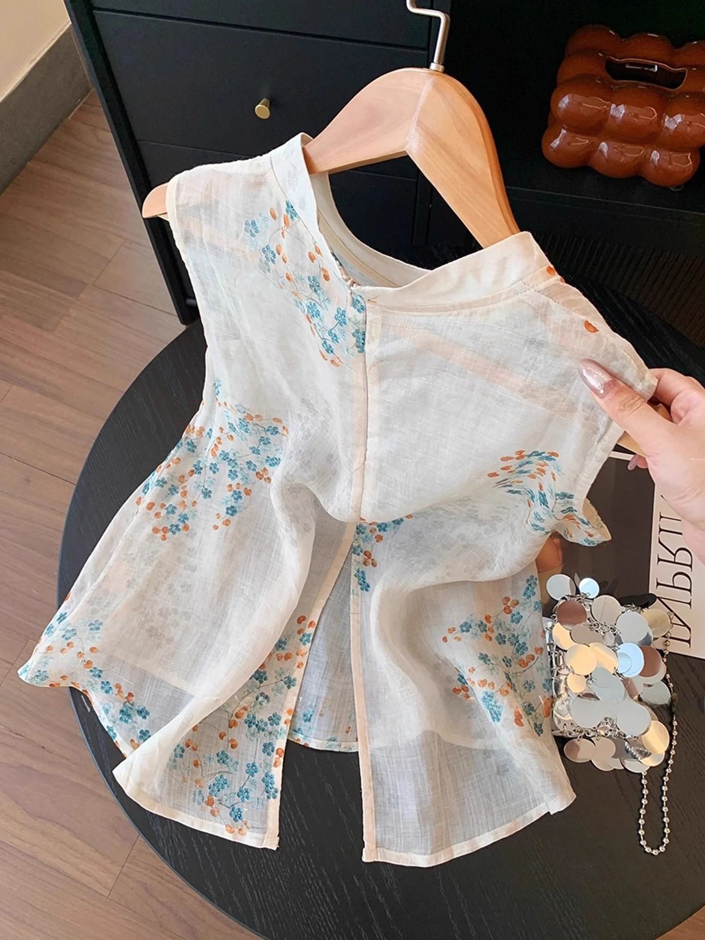 

Корейский свободный жилет с принтом в стиле ретро, легкий летний шифоновый прозрачный круглый жилет с застежкой на одной пуговице