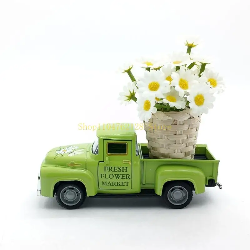 Cabinet Flower Truck Display Piece with Basket Accent, Mini Pickup Push Rolling Shelf Model for Desk and Indoor Arrangement at