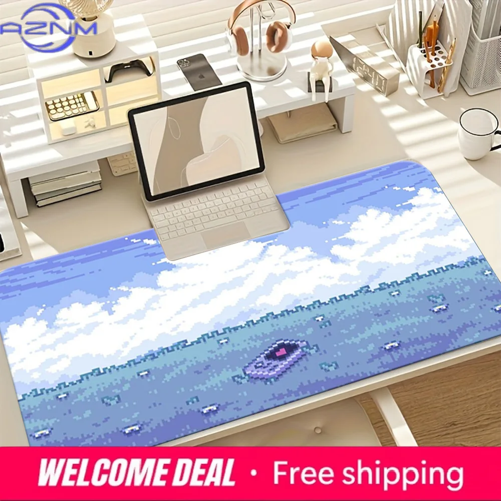 Retro Pixel Art Gamer Sky & Handheld Console Gaming Desk Mat