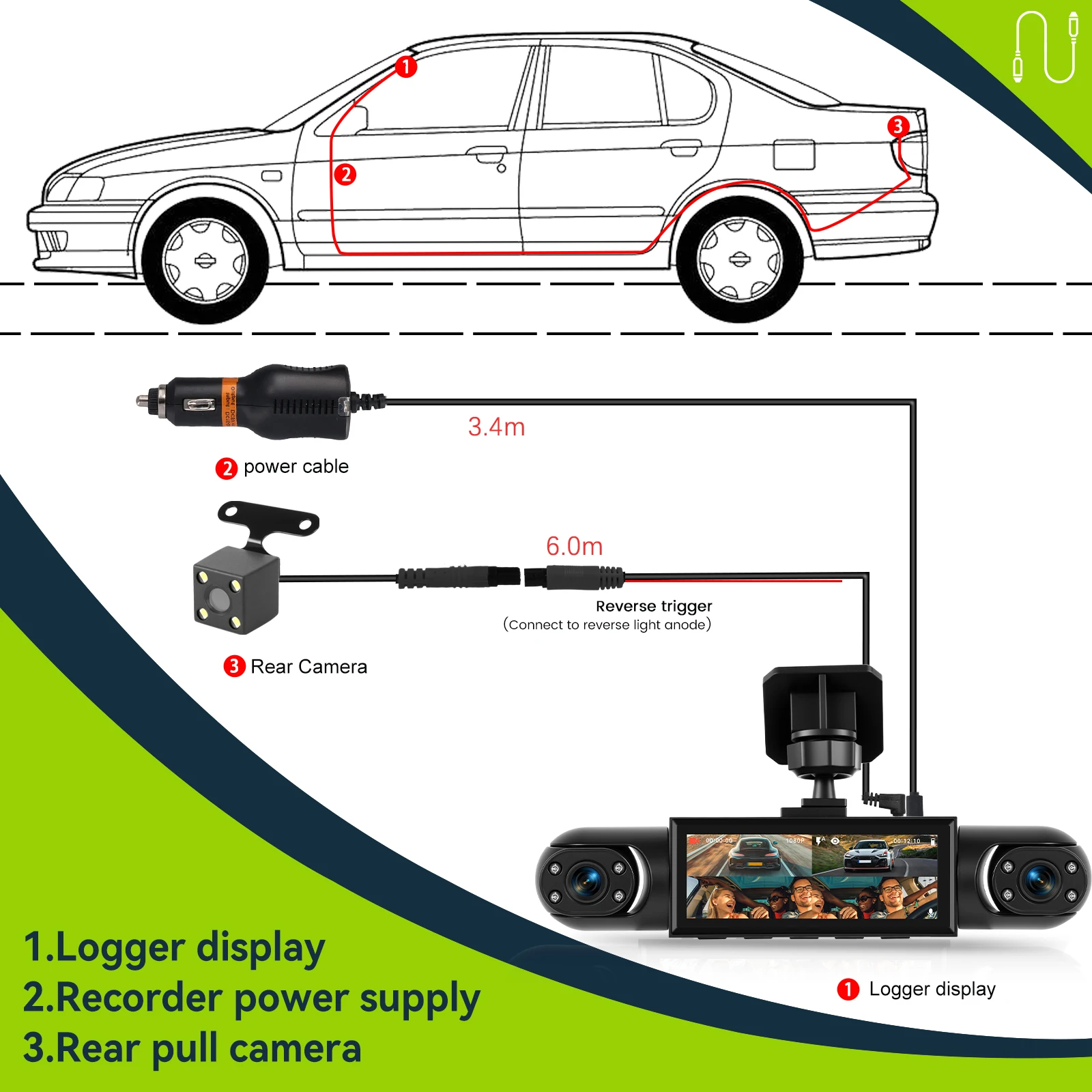 Podofo 3,16'' Dashcam mit vier HD-Objektiven, Bewegungserkennung, Auto-DVR, mehrsprachiger Auto-Videorekorder 150 ° Großer Betrachtungswinkel – Detail 12