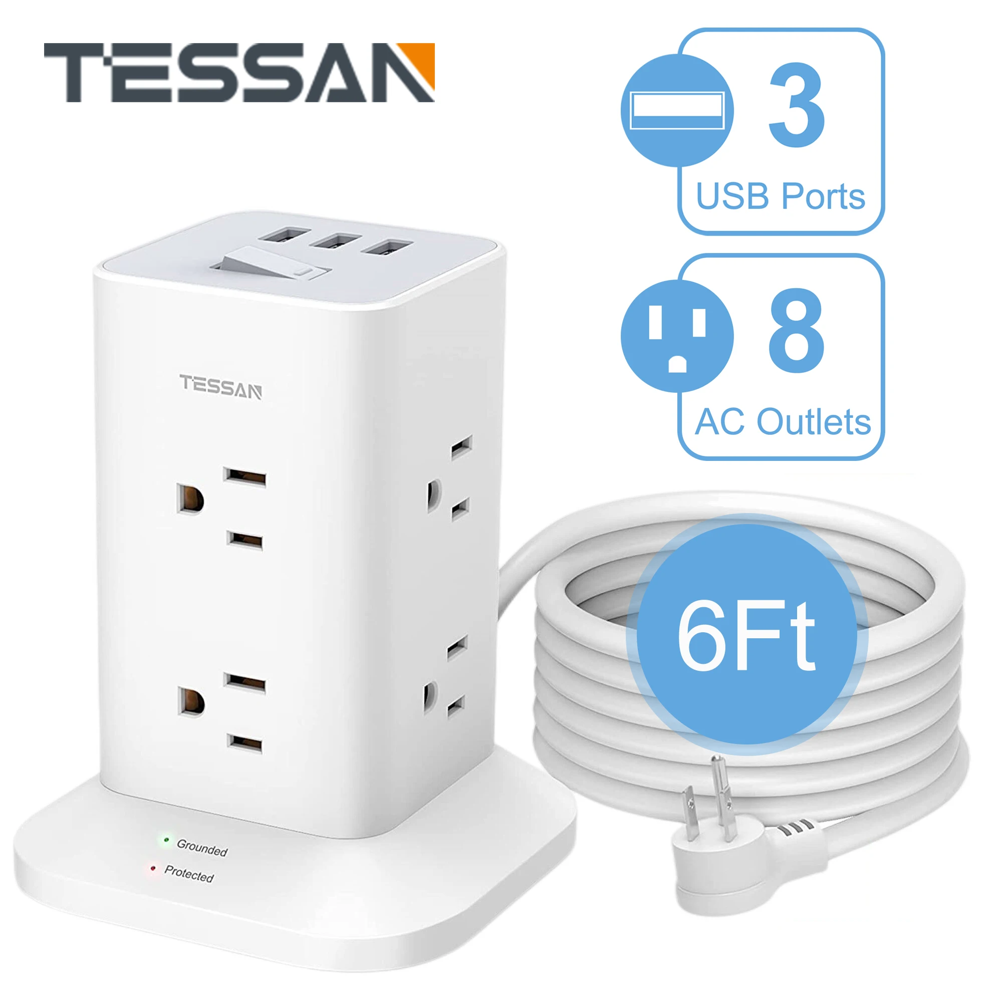 

TESSAN Tower 8/11 Way Outlets Socket Multi Power Strip Vertical 6 Ft Extension Cord US Plug with 3 USB & Surge Protector