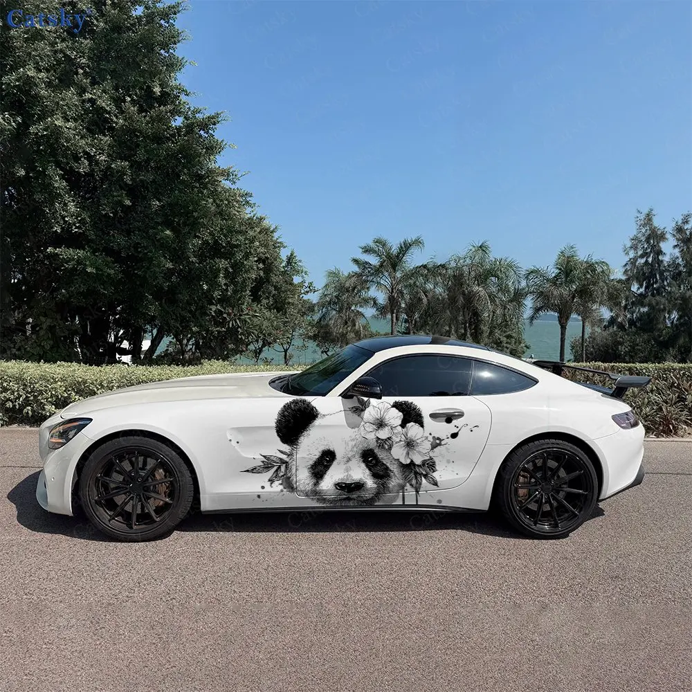 2pcs Black & White Floral Splatter Panda Car Side Wrap, Self-Adhesive PVC Waterproof & Scratch-Resistant Stickers, Car Accessory