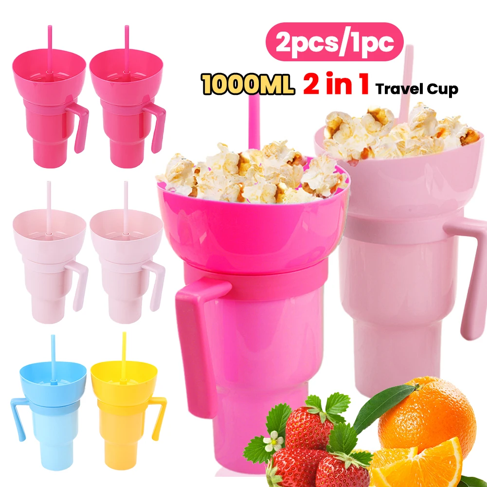1000ml 2 in 1 Outdoor Travel Cup with Snack Bowl PP Snack Cup Leak Proof Multifunction Stadium Tumbler for Cinema Home Water Cup