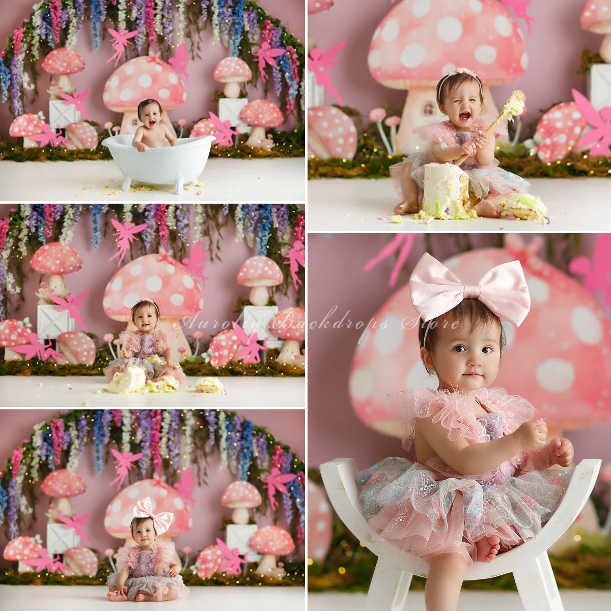 

Fairy Archway Backdrops Birthday Cake Smash Kids Baby Props Child Adult Photography Decors Pink Mushroom Cave Backgrounds