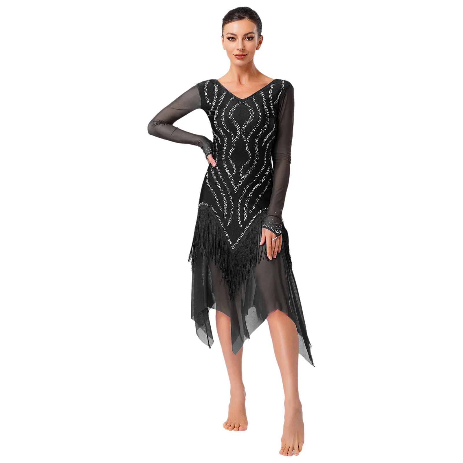 

Women Waltz Latin Dance Performance Costume Mesh Long Sleeve Rhinestones Tassels Dress for Tango Rumba Ballroom Dance Party Prom