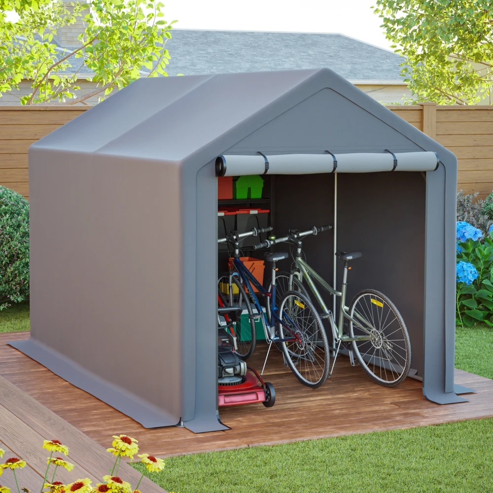Caseta de Almacenamiento Multifuncional Gris Oscuro 296x190x200cm, Garaje para Bicicletas, Caseta de Jardín, Tienda de Almacenamiento de Herramientas