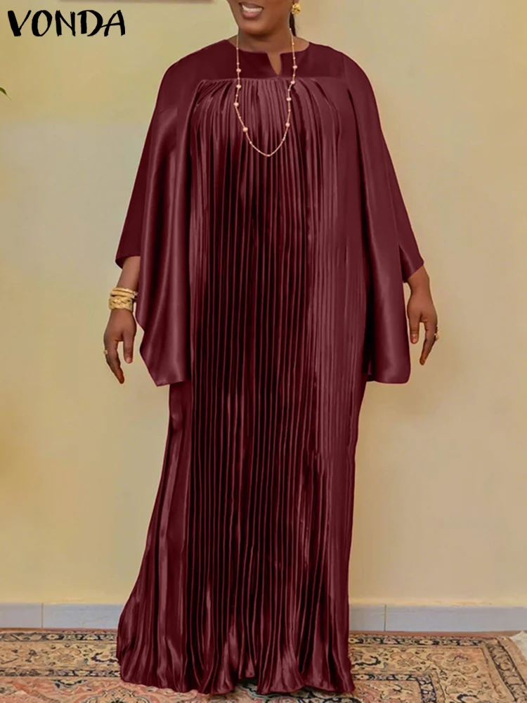 فساتين فوندا الأنيقة لحفلات الزفاف مقاس كبير 5XL للنساء بأكمام طويلة ومطويات مكشكشة رداء طويل من الحرير الساتان الصلب